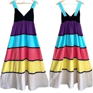 OndadeMar Linen Blend Colorful Colorblock Smocked Resortwear Maxi Dress Size S